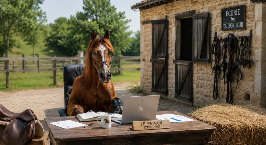 Un cheval brun avec des lunettes est assis à un bureau devant un ordinateur portable, à côté d'une écurie.