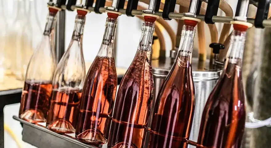 Rzędy butelek z różowym winem czekają na cichą fermentację wina.