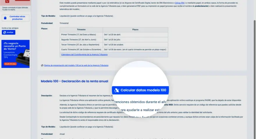Detalles del modelo 100 para autónomos. Información sobre plazos y presentación.