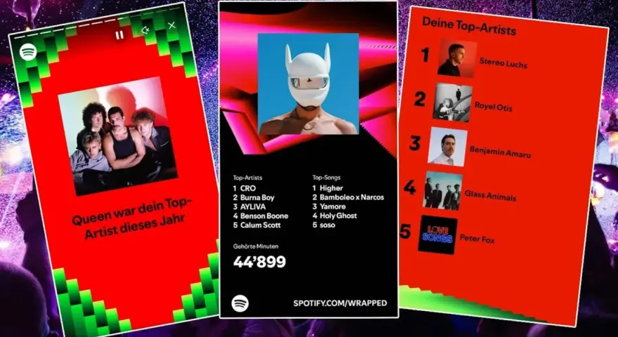 Spotify Wrapped zeigt Queen als Top-Artist. Daneben Listen mit Top-Künstlern und -Songs, sowie gehörte Minuten.