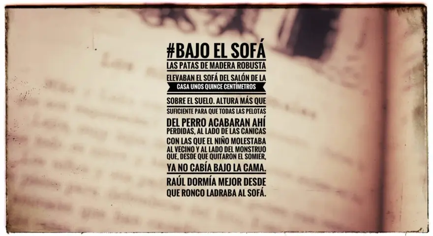 Texto de un microrrelato sobre un sofá y un perro, con un estilo vintage.