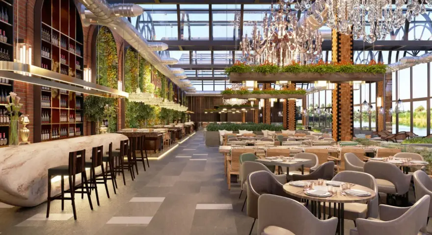 Elegante restaurante con barra de mármol, estanterías de vino, paredes verdes y exuberante vegetación, ideal para negocios de comida.