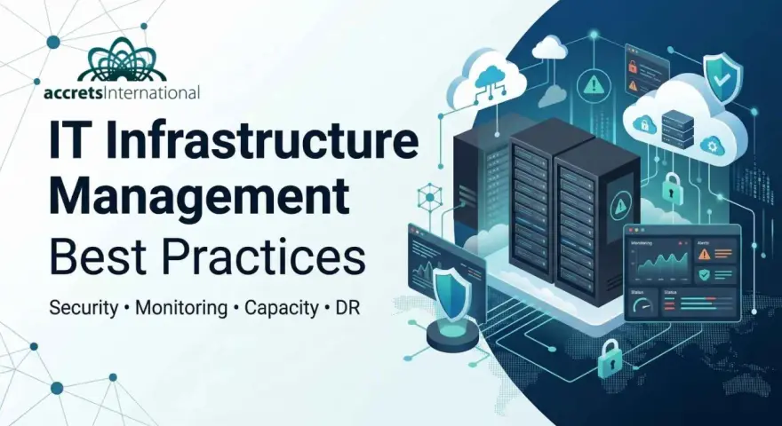 Illustration of IT infrastructure management, featuring servers, clouds, and security icons, highlighting best practices for network infrastructure management.