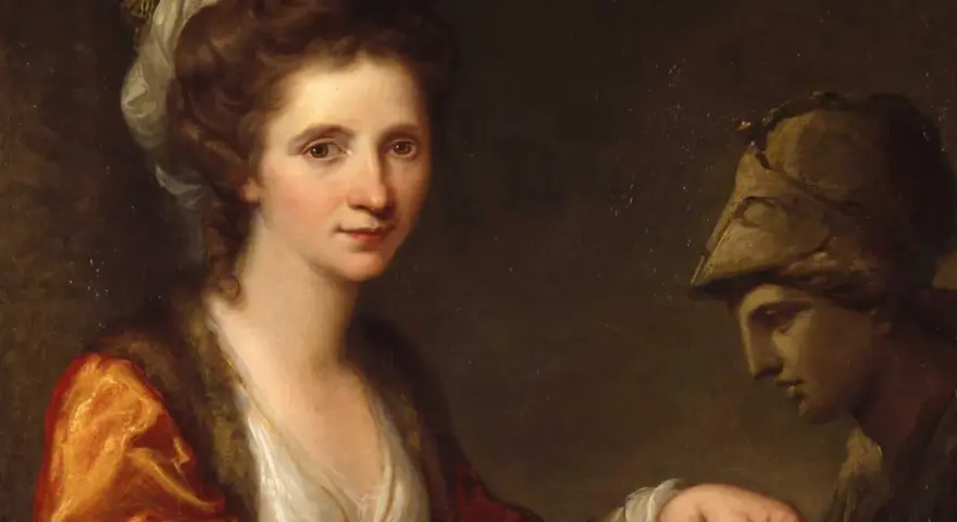 Portrait d'Angelica Kauffmann, artiste peintre, tenant un livre, avec une statue antique en arrière-plan.