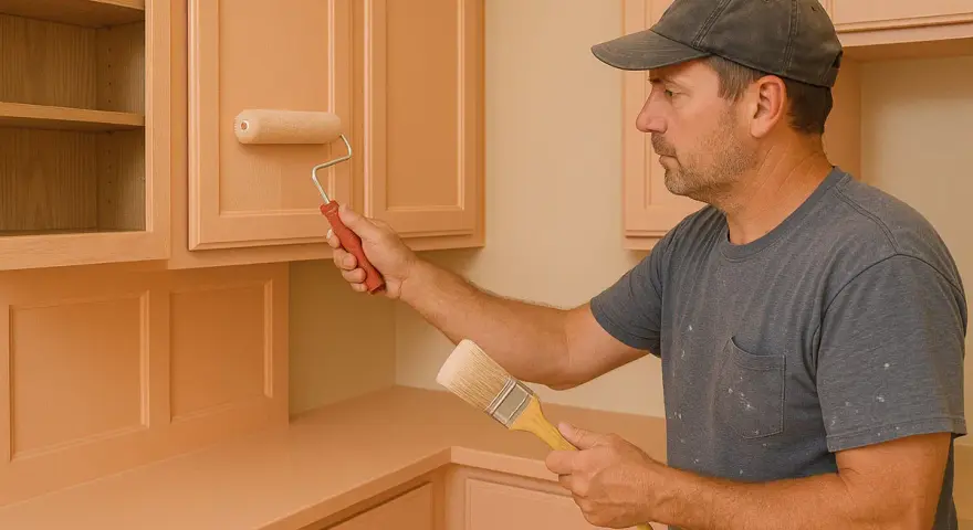 Uomo con cappellino dipinge mobili da cucina in legno con pittura murale color pesca, usando rullo e pennello.
