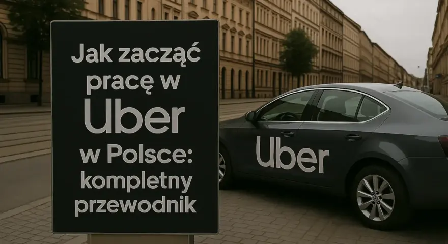 Czarny znak z napisem "Jak zacząć pracę w Uber w Polsce: kompletny przewodnik" obok ciemnoszarego samochodu Uber.