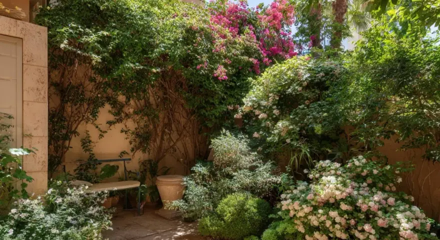 Un rincón acogedor con abundantes plantas enredaderas, flores rosas y blancas, y un banco bajo la sombra.