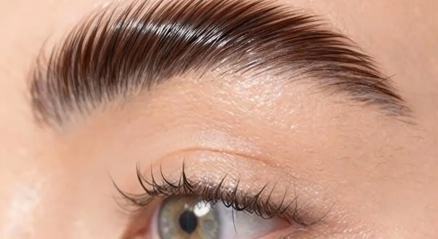Un gros plan sur un œil et un sourcil parfaitement plaqué, montrant comment plaquer ses sourcils pour un look impeccable.