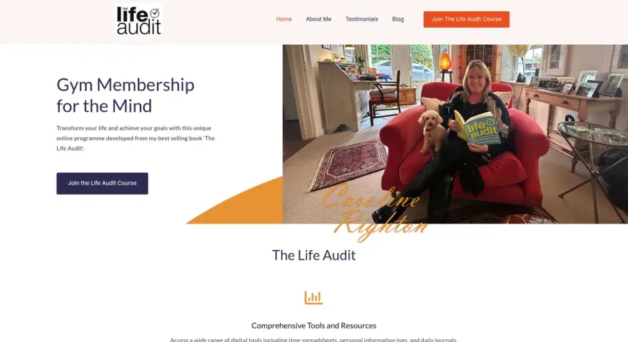 Woman with dog reads "The Life Audit" book, offering a daily check list for transformation.