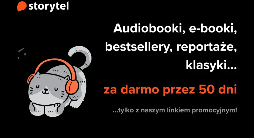 Uroczy kotek w słuchawkach słucha audiobooków i e-booków. Storytel to platforma, gdzie znajdziesz bestsellery, reportaże i klasyki za darmo przez 50 dni!