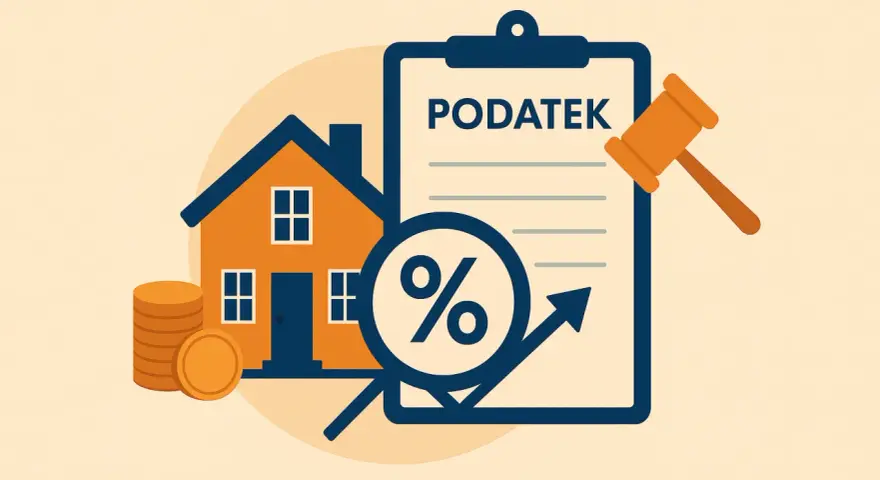 Dom, stos monet i dokument z napisem "PODATEK" oraz symbolem procentu i strzałką w górę. Podatek od sprzedaży nieruchomości.