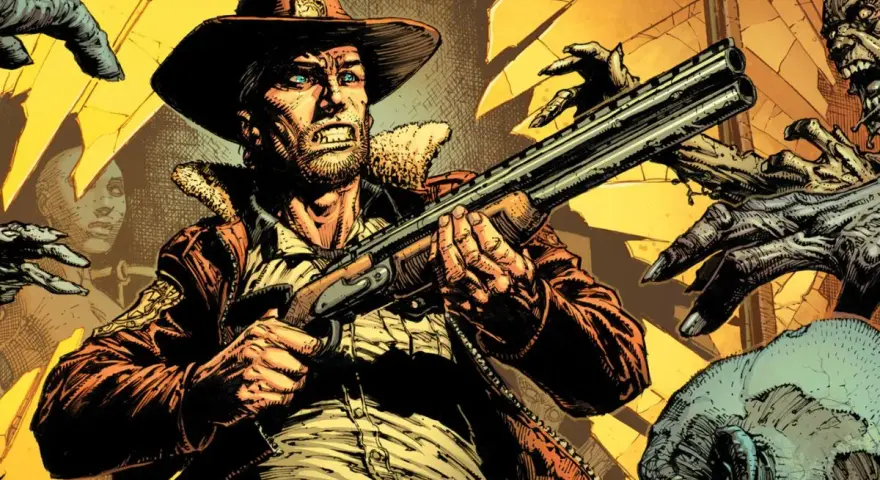 Rick Grimes z strzelbą otoczony przez zombie.
