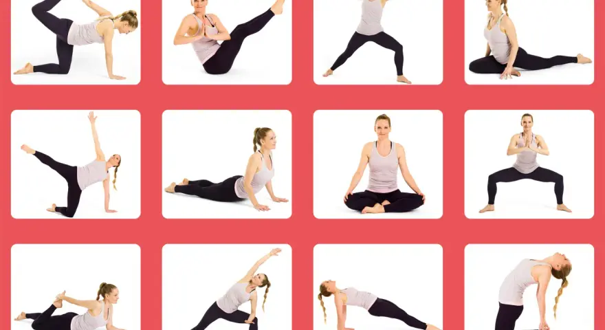 En kvinna utför olika hatha yoga-positioner, från stående till liggande, med fokus på flexibilitet och styrka.