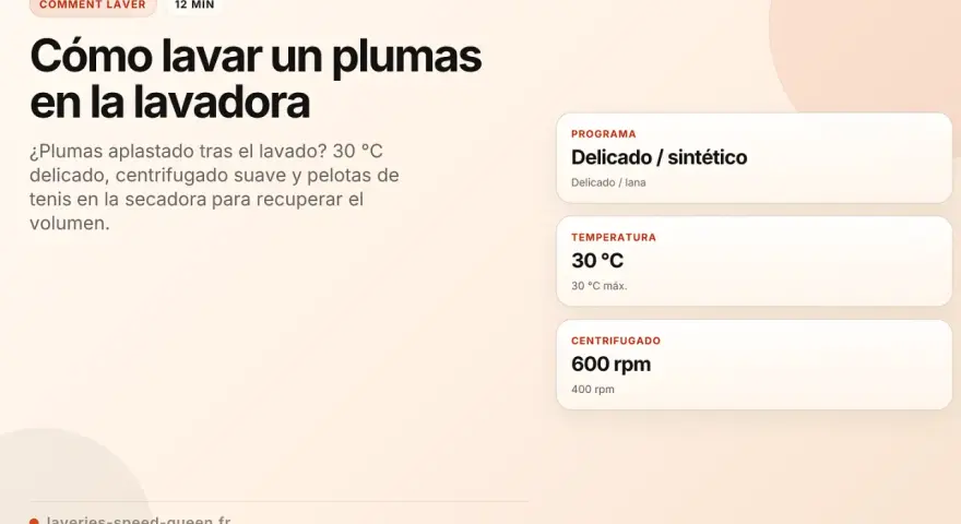Guía para lavar plumas en lavadora: programa delicado, 30°C, centrifugado suave y secado con pelotas de tenis.