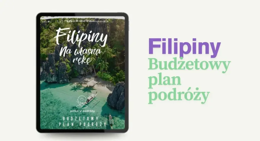 Filipiny na własną rękę – budżetowy plan podróży. Tropikalna wyspa z palmami i łodzią na turkusowej wodzie.
