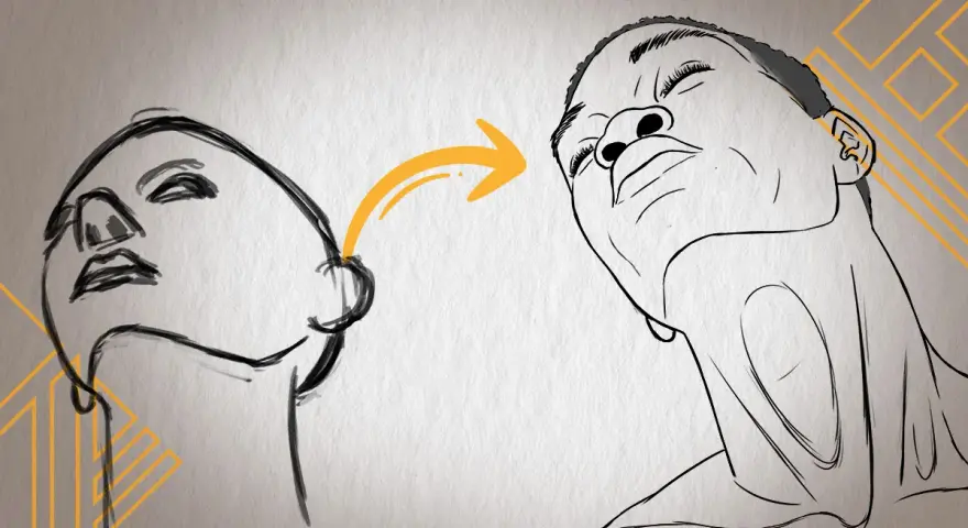 Un artiste amateur montre l'évolution d'un croquis de visage vers un portrait plus détaillé.