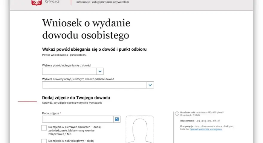 Wniosek o dowód dla dziecka online. Formularz na obywatel.gov.pl wymaga podania powodu ubiegania się o dowód i dodania zdjęcia.