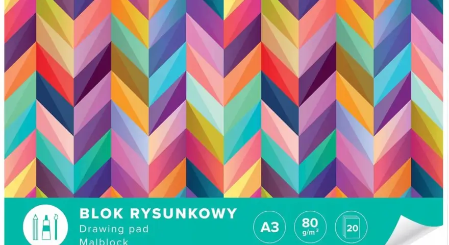 Kolorowy blok rysunkowy z motywem jodełki, idealny do szkolnej wyprawki. Format A3, 80 g/m², 20 kartek.