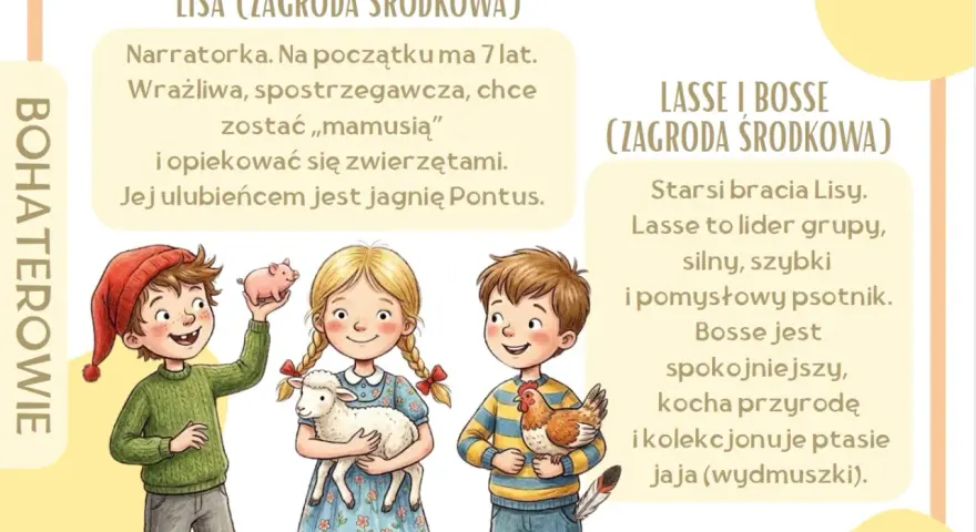 Dzieci z Bullerbyn: Lisa, Lasse i Bosse. Lisa opiekuje się jagnięciem, Lasse trzyma prosiaczka, a Bosse kurę.