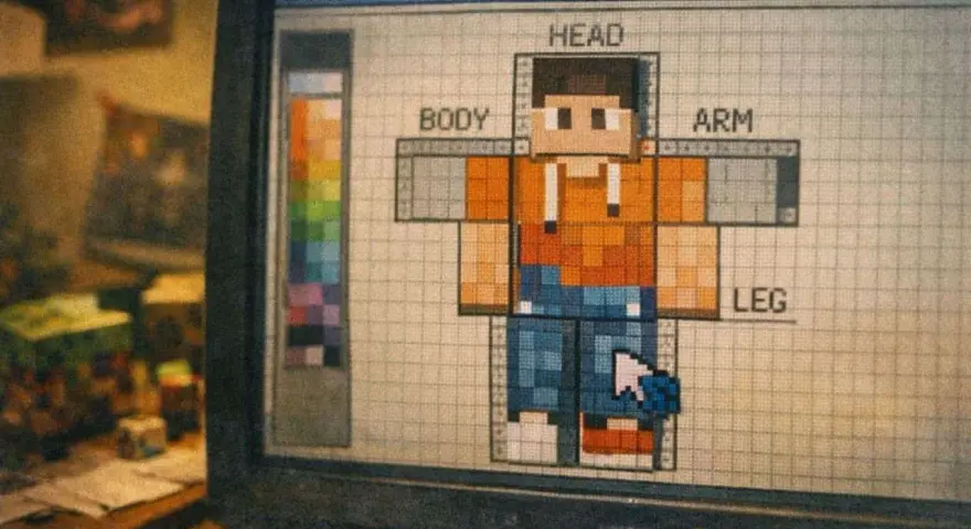 Tworzenie własnych skinów do MC na ekranie komputera. Widoczny edytor z postacią w kratkę, paletą kolorów i etykietami: HEAD, BODY, ARM, LEG.