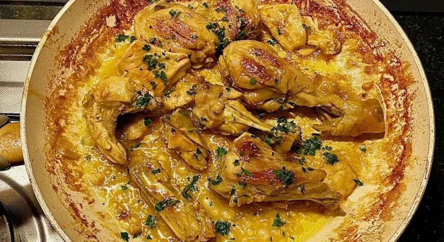 Pollo alla Marengo succulento in padella, dorato e profumato, con erbe fresche tritate.