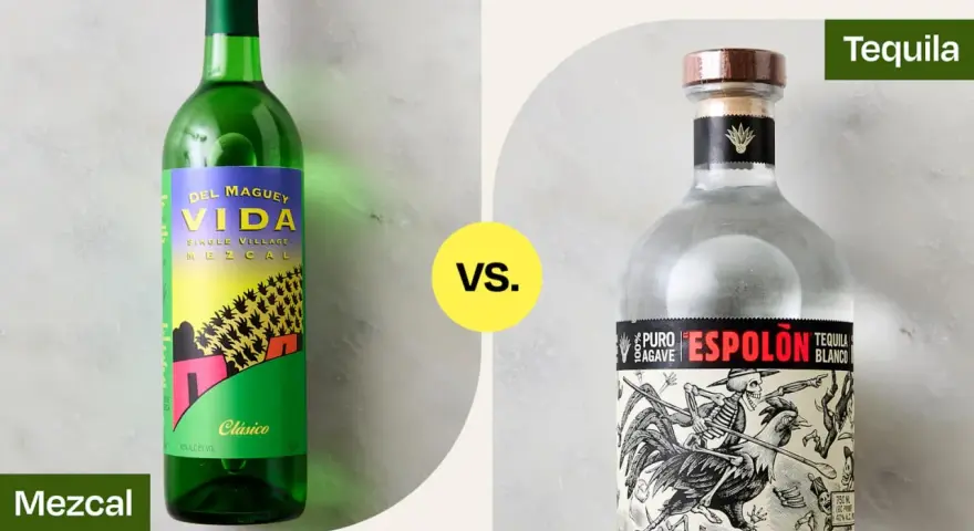 Grüne Flasche Mezcal "Vida" neben klarer Flasche Tequila "Espolón". Ein visueller Vergleich zwischen Mezcal vs Tequila.