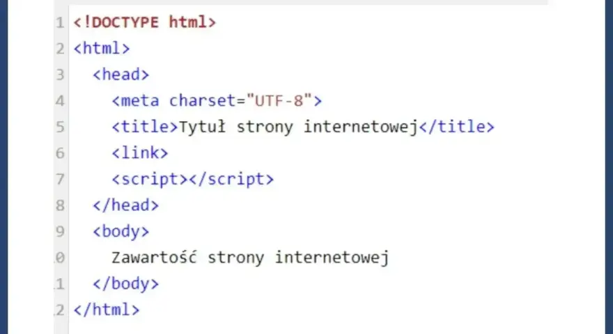Fragment kodu HTML z podstawową strukturą strony: doctype, html, head (z meta, title, link, script) i body. To prosty komentarz do kodu.