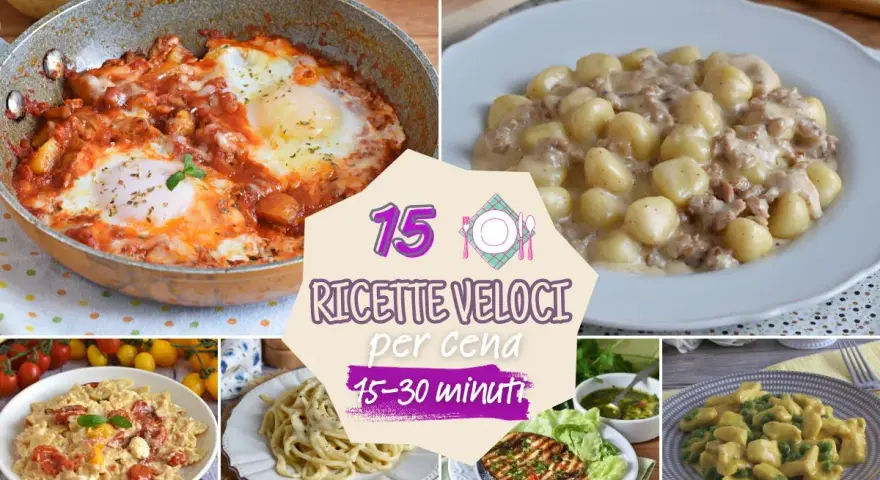 Collage di piatti invitanti, tra cui uova in purgatorio e gnocchi, che celebrano la pasta veloce per una cena in 15-30 minuti.