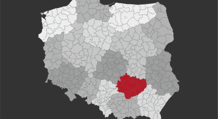 Mapa Polski z zaznaczonym na czerwono obszarem. Tu właśnie znajdują się Góry Świętokrzyskie.