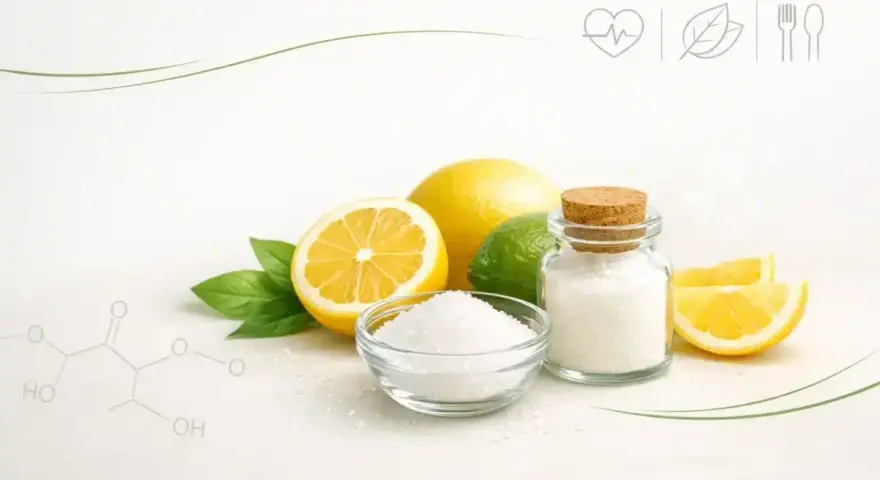 Cytryny, limonka i biały proszek w słoiku. Czy kwasek cytrynowy jest zdrowy? Ikony serca, liścia i sztućców sugerują zdrowie i dietę.