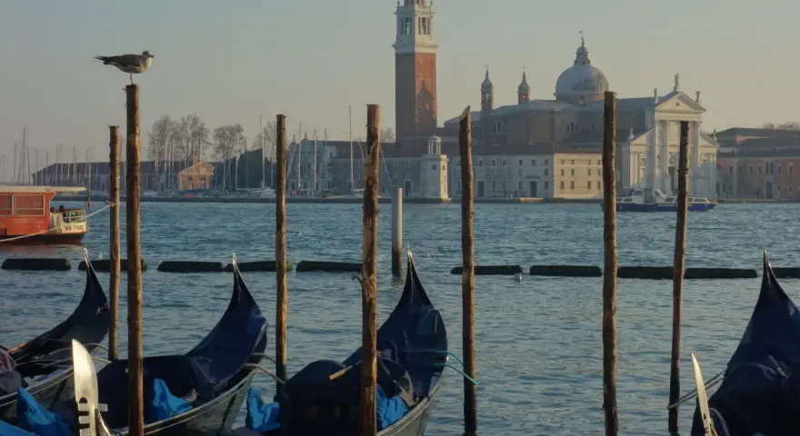 Gondole czekają na turystów na weneckiej trasie. W tle kościół San Giorgio Maggiore.