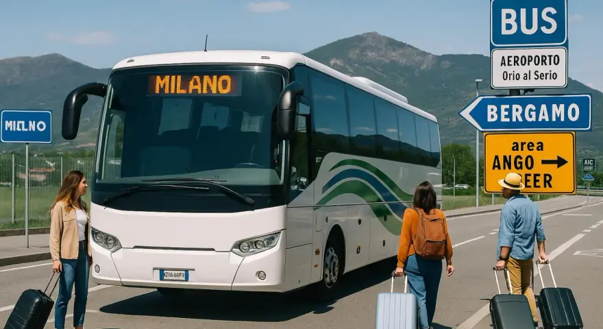 Autobus z napisem MILANO czeka na pasażerów. Dwie osoby z walizkami kierują się w stronę pojazdu, gotowe na podróż.