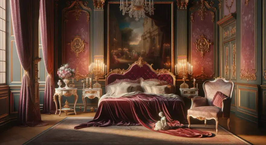 Chambre opulente, drapée de velours rouge, avec un tableau rappelant Fragonard Le Verrou. Une poupée de porcelaine repose sur la couverture.