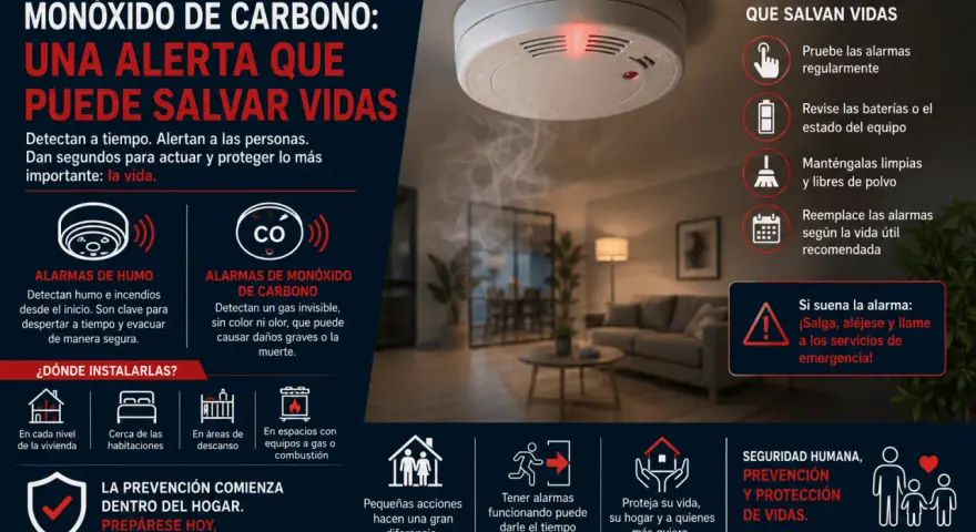 Infografía sobre tipos de detectores de humo y monóxido de carbono, su instalación y mantenimiento para salvar vidas.