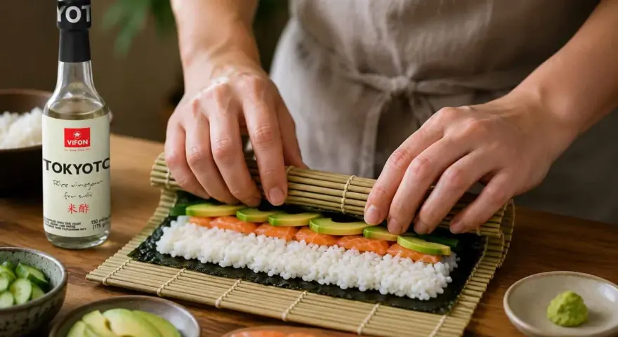 Ręce zwijają sushi z łososiem i awokado. Obok butelka octu ryżowego "Tokyoto" - idealna zaprawa do sushi na 500g ryżu.