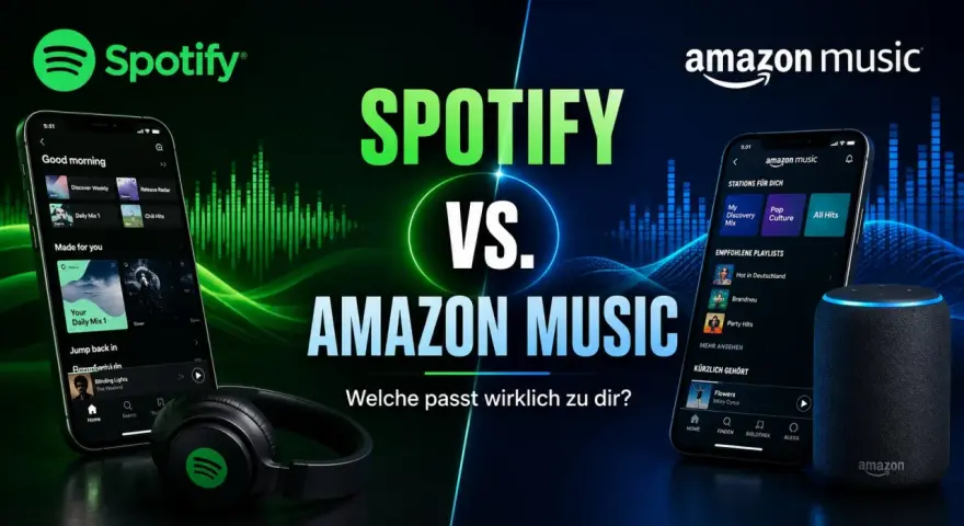 Spotify vs. Amazon Music: Zwei Smartphones zeigen die Benutzeroberflächen der Musikdienste. Kopfhörer und ein Echo-Lautsprecher vervollständigen die Szene.