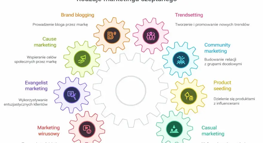 Grafika przedstawiająca zębate koła z ikonami symbolizującymi różne rodzaje marketingu szeptanego.