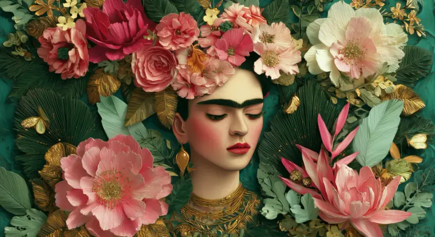 Portrait de Frida Kahlo, couronnée de fleurs roses et blanches, entourée de feuillage luxuriant et de touches dorées. Une œuvre inspirée par le style de Frida Kahlo.