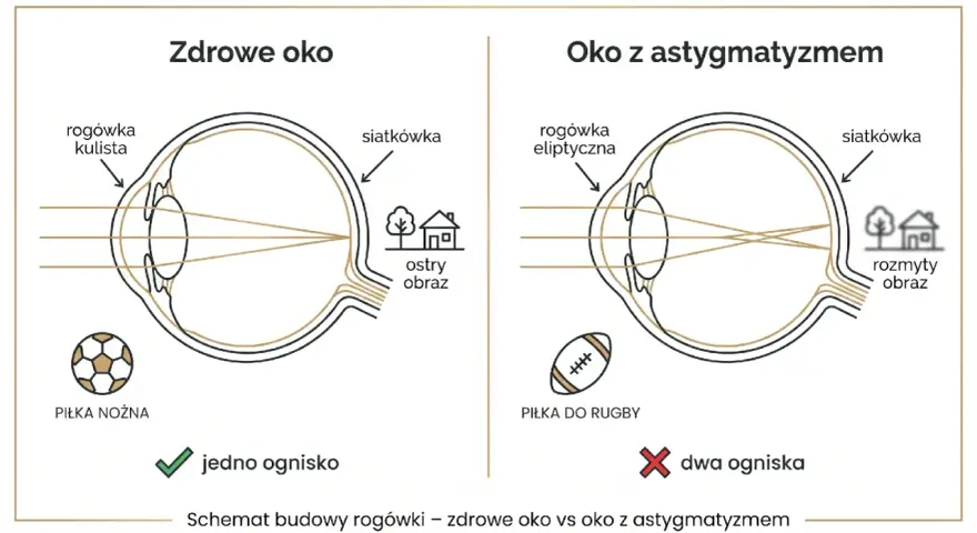 Zdrowe oko skupia światło na siatkówce, dając ostry obraz. Oko z astygmatyzmem ma eliptyczną rogówkę, co powoduje dwa ogniska i rozmyty obraz.
