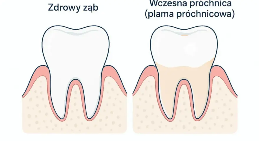Zdrowy ząb obok zęba z wczesną próchnicą, czyli plamą próchnicową. Dentysta widzi różnicę w kolorze i strukturze szkliwa.