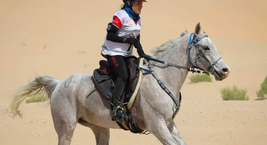 Une cavalière et son pur sang arabe endurance traversent le désert.