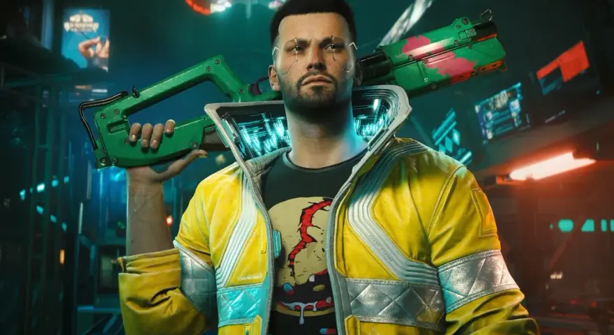 Mężczyzna w żółtej kurtce z bronią w stylu cyberpunk Orion.