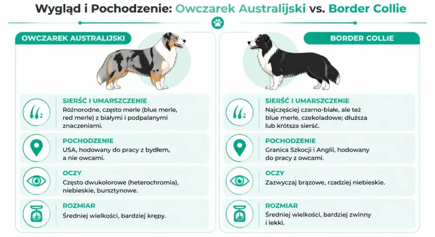 Australijski pies o umaszczeniu merle, z USA, często ma dwukolorowe oczy. Border Collie czarno-biały, z pogranicza Szkocji i Anglii.