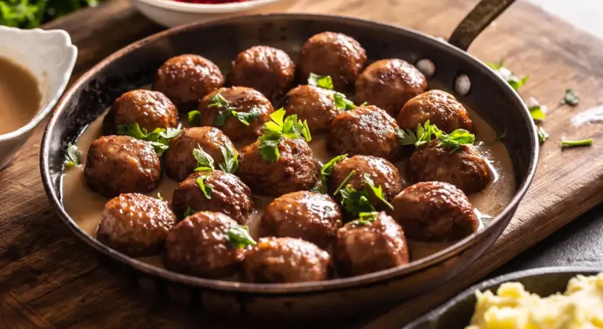 Une poêle remplie de boulettes de viande savoureuses, nappées de sauce crémeuse et garnies de persil frais. Une invitation à découvrir cette recette de boulette de viande.