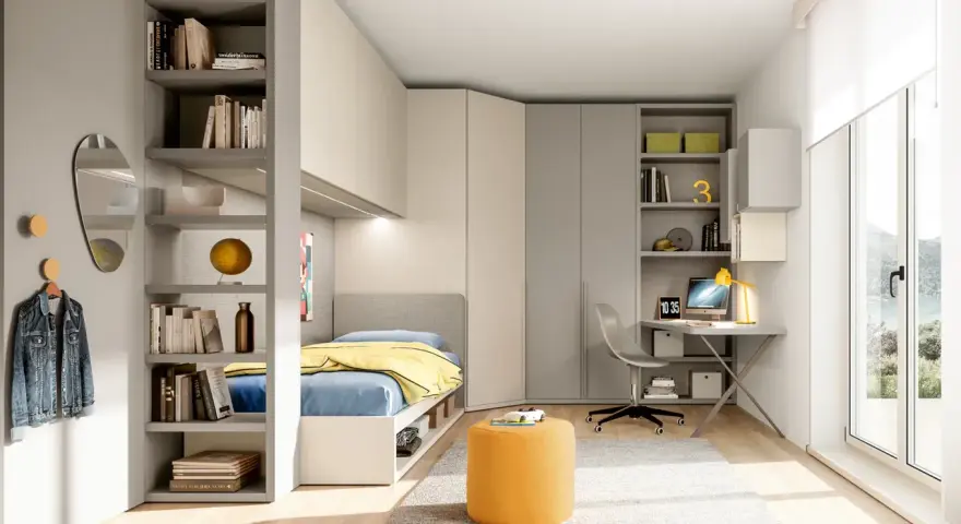 Camerette con cabina armadio, letto singolo, scrivania e libreria. Arredamento moderno e funzionale per ragazzi.