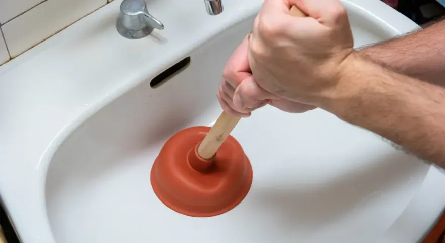 Main tenant utilise une ventouse pour déboucher un lavabo bouché.