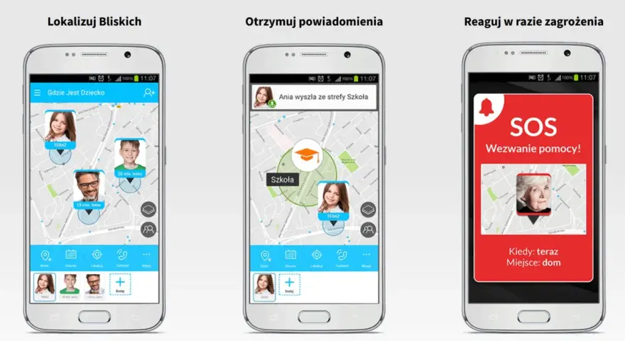 Aplikacja do lokalizowania telefonu i bliskich. Pokazuje pozycje dzieci na mapie, powiadomienia o wyjściu ze strefy i funkcję SOS.