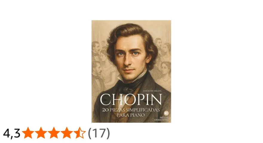 Portada de libro "Chopin: 20 piezas simplificadas para piano", con retrato del compositor y fondo de figuras de época. Incluye valoraciones.