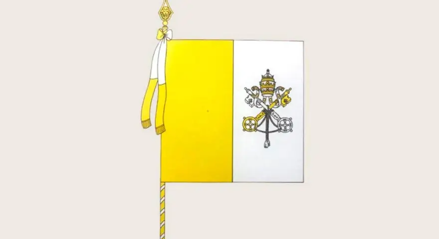 Flaga biało żółta z kluczami św. Piotra i tiarą papieską. Symbol Watykanu.