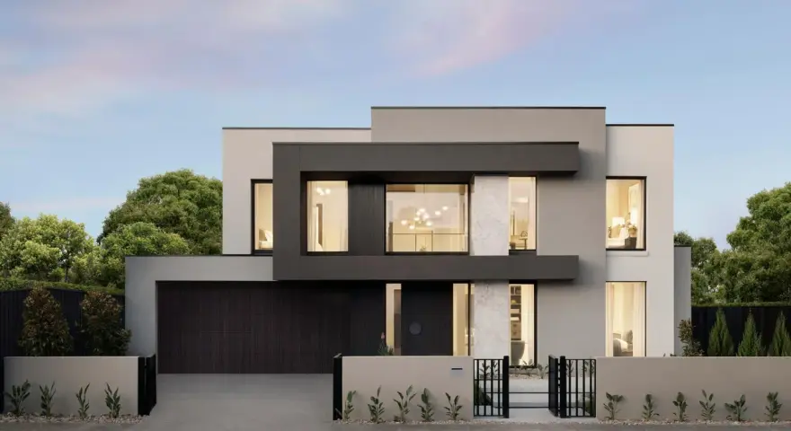 Modernas fachadas exteriores de casas con líneas limpias, grandes ventanales y detalles en mármol. Un diseño elegante y contemporáneo.